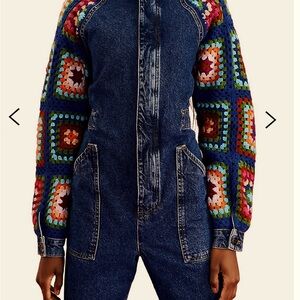 Farm Rip Crochet Squares Denim Jumpsuit - Never worn